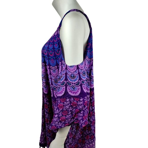 Womens 3XL Bohemian Paisley Print Cold Shoulder Fringed Poncho Tunic Top - Picture 5 of 6